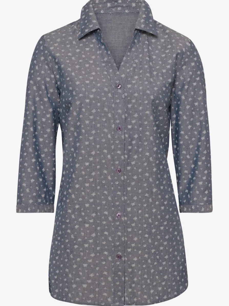Chemisier aspect denim motif papillon col chemise manches 3/4
