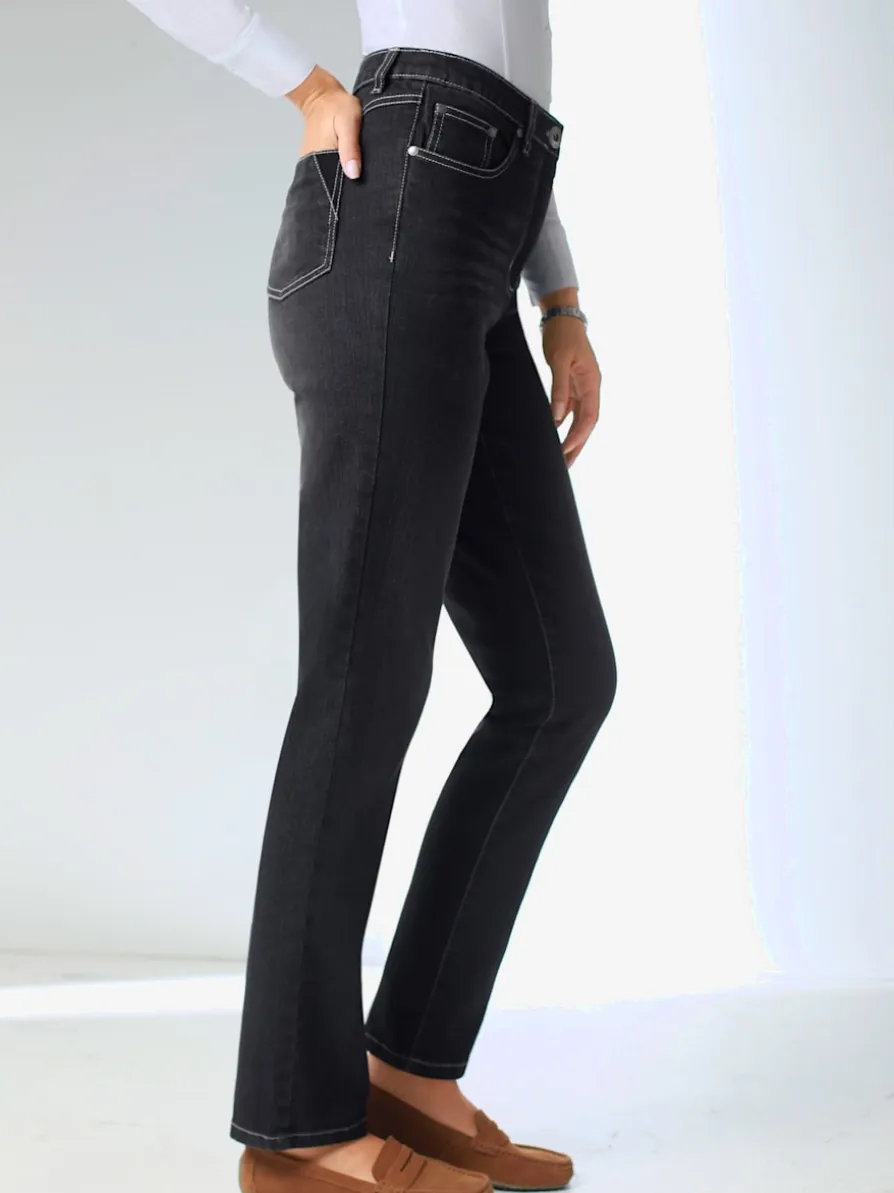 Jean droit taille haute coutures délavées