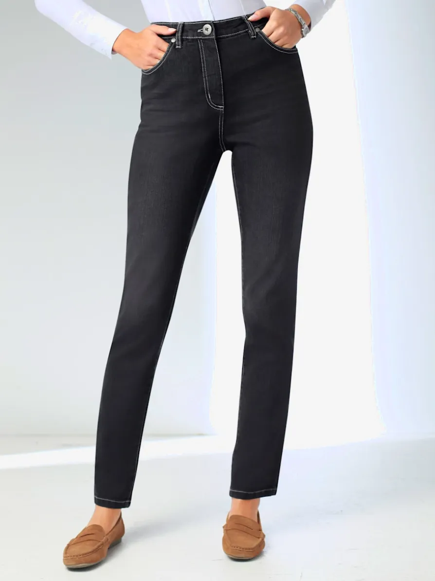 Jean droit taille haute coutures délavées