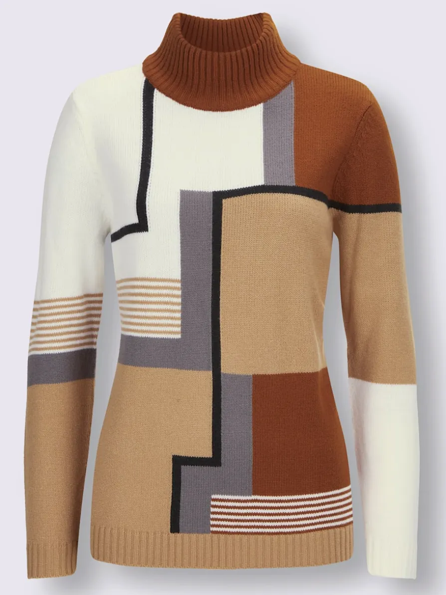 Pull à col montant tricot intarsia de qualité