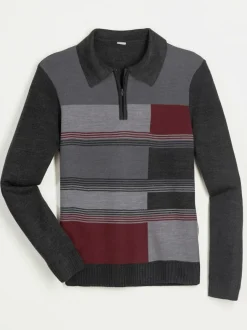 Pull homme intarsia motifs géométriques col polo fermeture à glissière