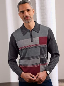 Pull homme intarsia motifs géométriques col polo fermeture à glissière