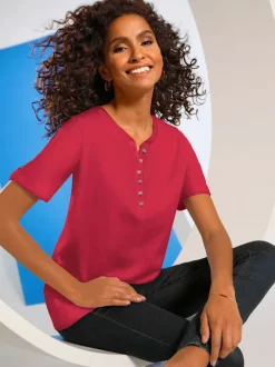 T-shirt confortable col rond avec petit v boutonné