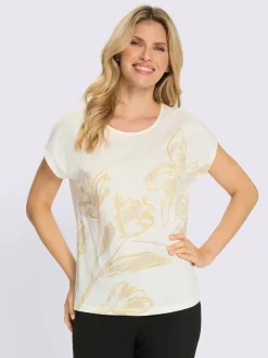 T-shirt à encolure ronde imprimé feuille doré