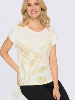 T-shirt à encolure ronde imprimé feuille doré