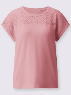 T-shirt à encolure ronde éléments en dentelle légèrement transparente