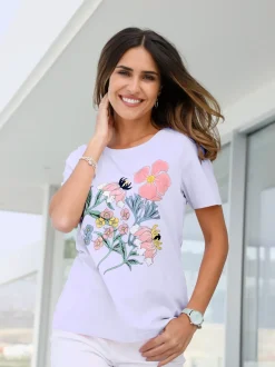 T-shirt en coton imprimé bouquet fleurs col rond manches courtes