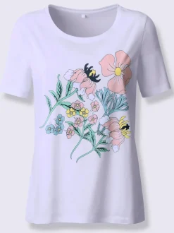 T-shirt en coton imprimé bouquet fleurs col rond manches courtes
