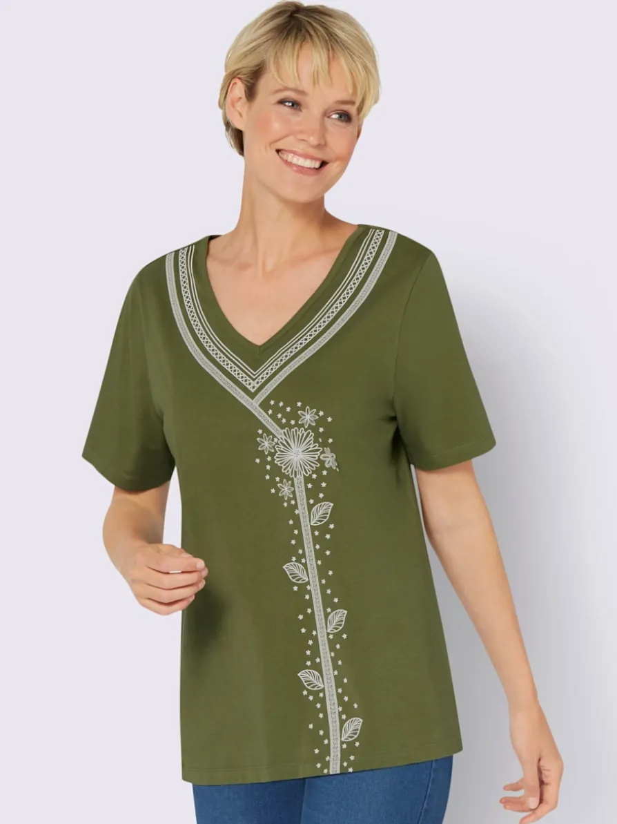 T-shirt en v imprimé floral, aspect broderie