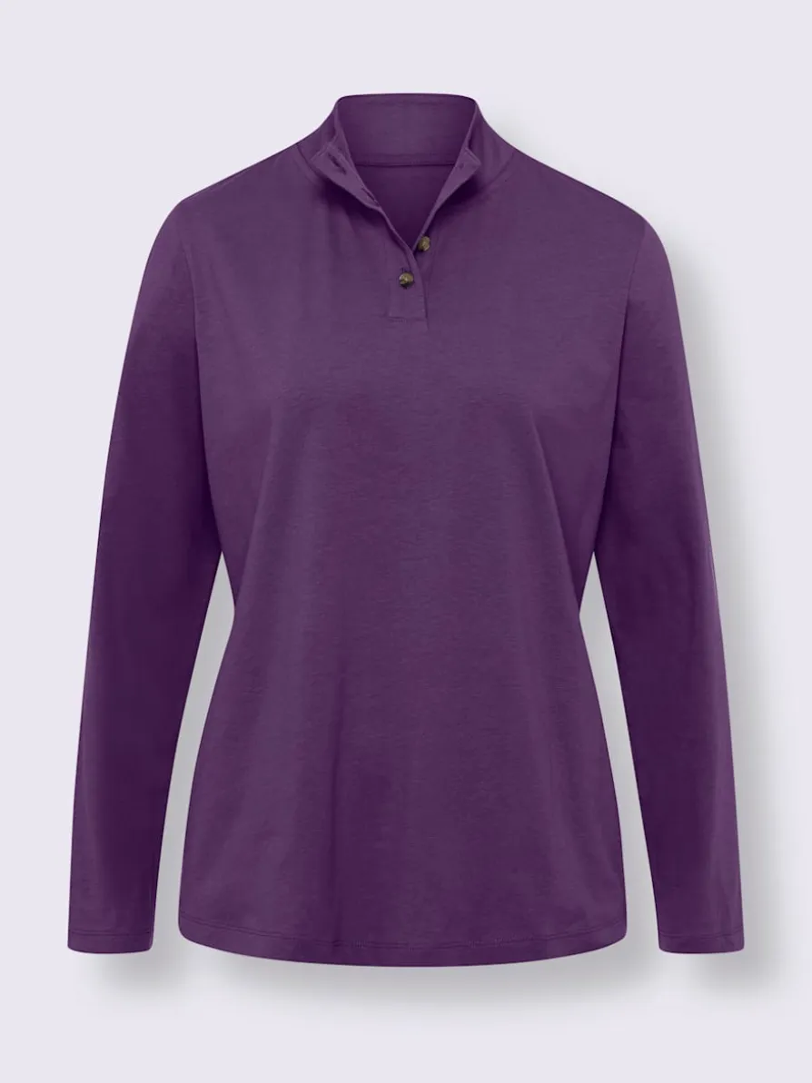 T-shirt femme col montant boutonné manches longues