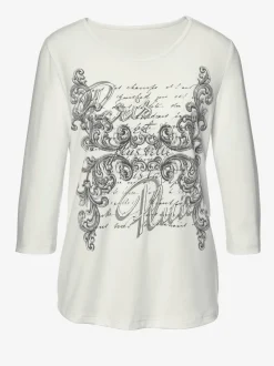 T-shirt femme imprimé bohème col rond manches 3/4