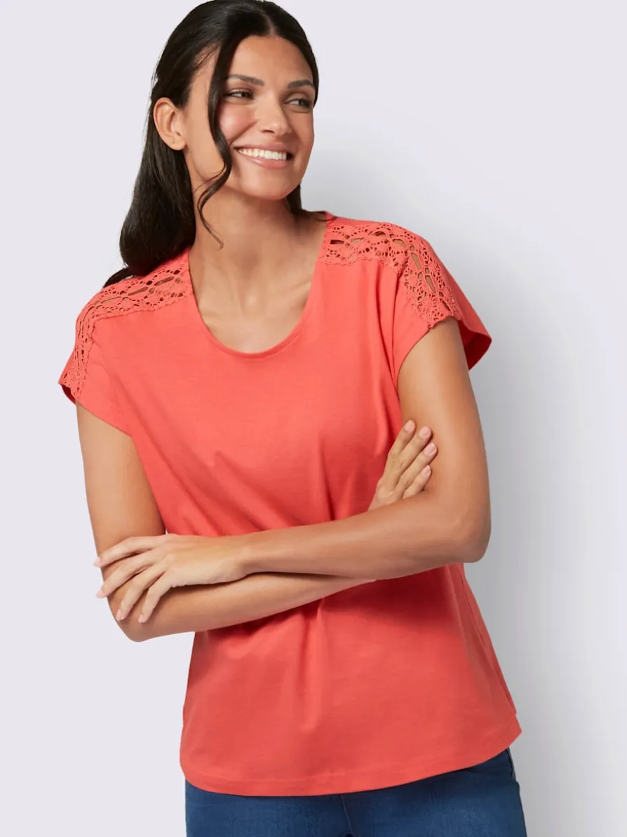 T-shirt à manches courtes empiècement dentelle aux épaules