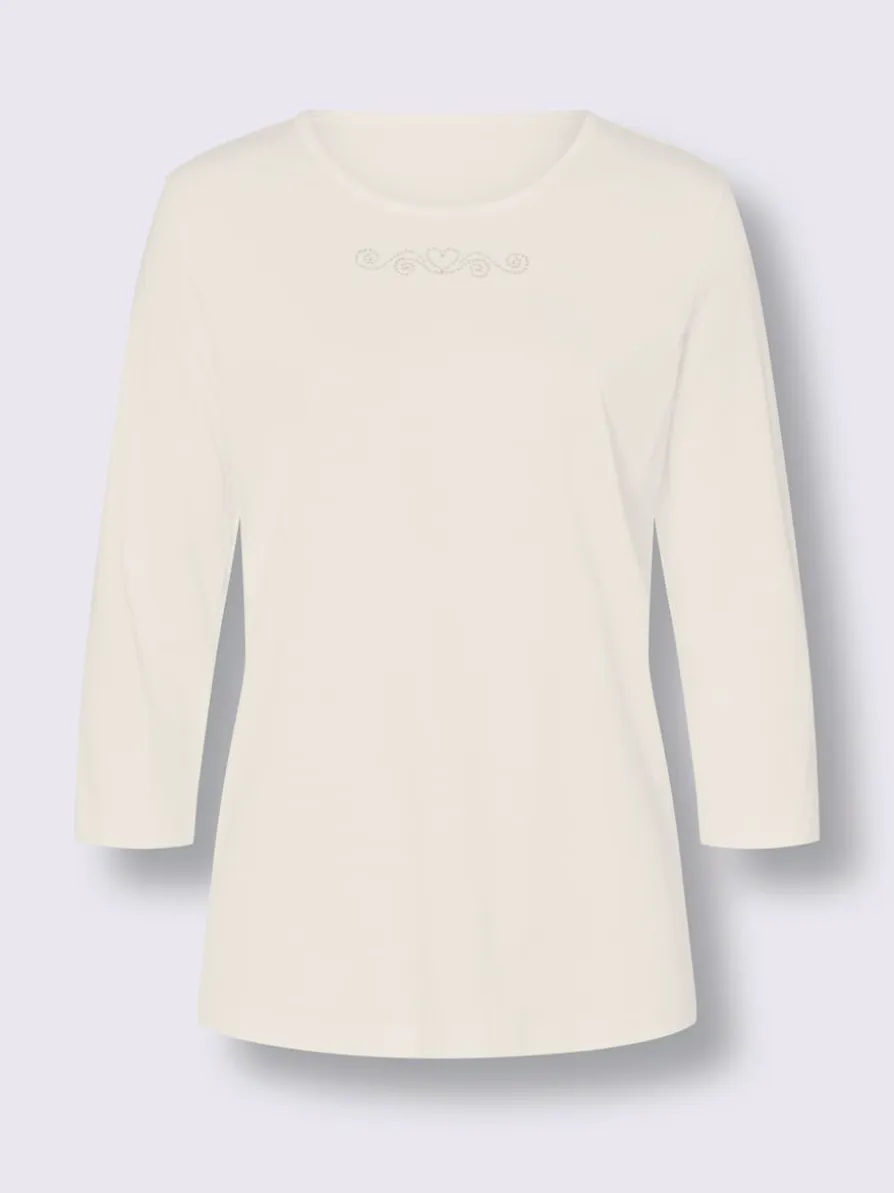 T-shirt à manches 3/4 petites pierres fantaisie sur l'encolure