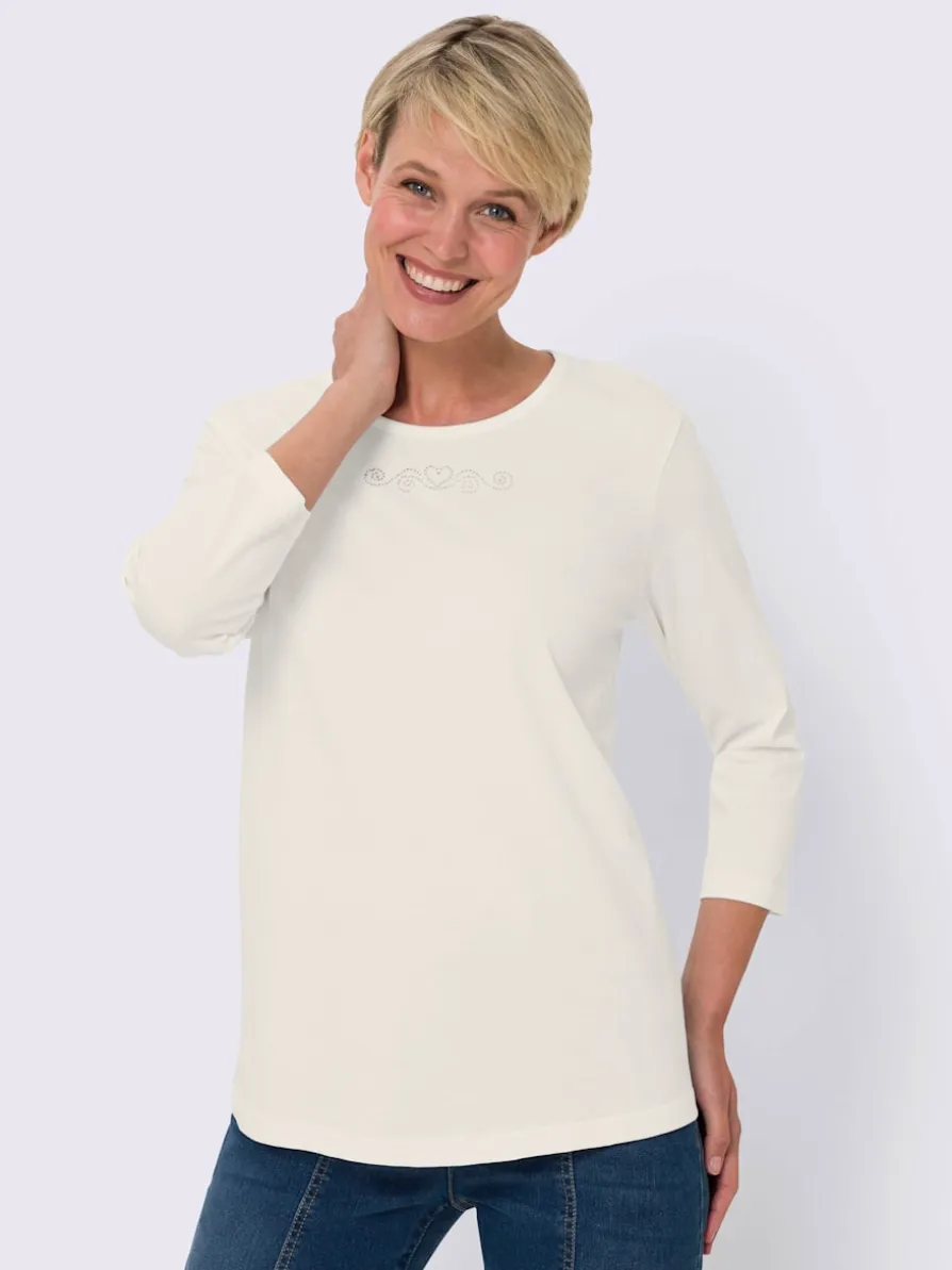T-shirt à manches 3/4 petites pierres fantaisie sur l'encolure